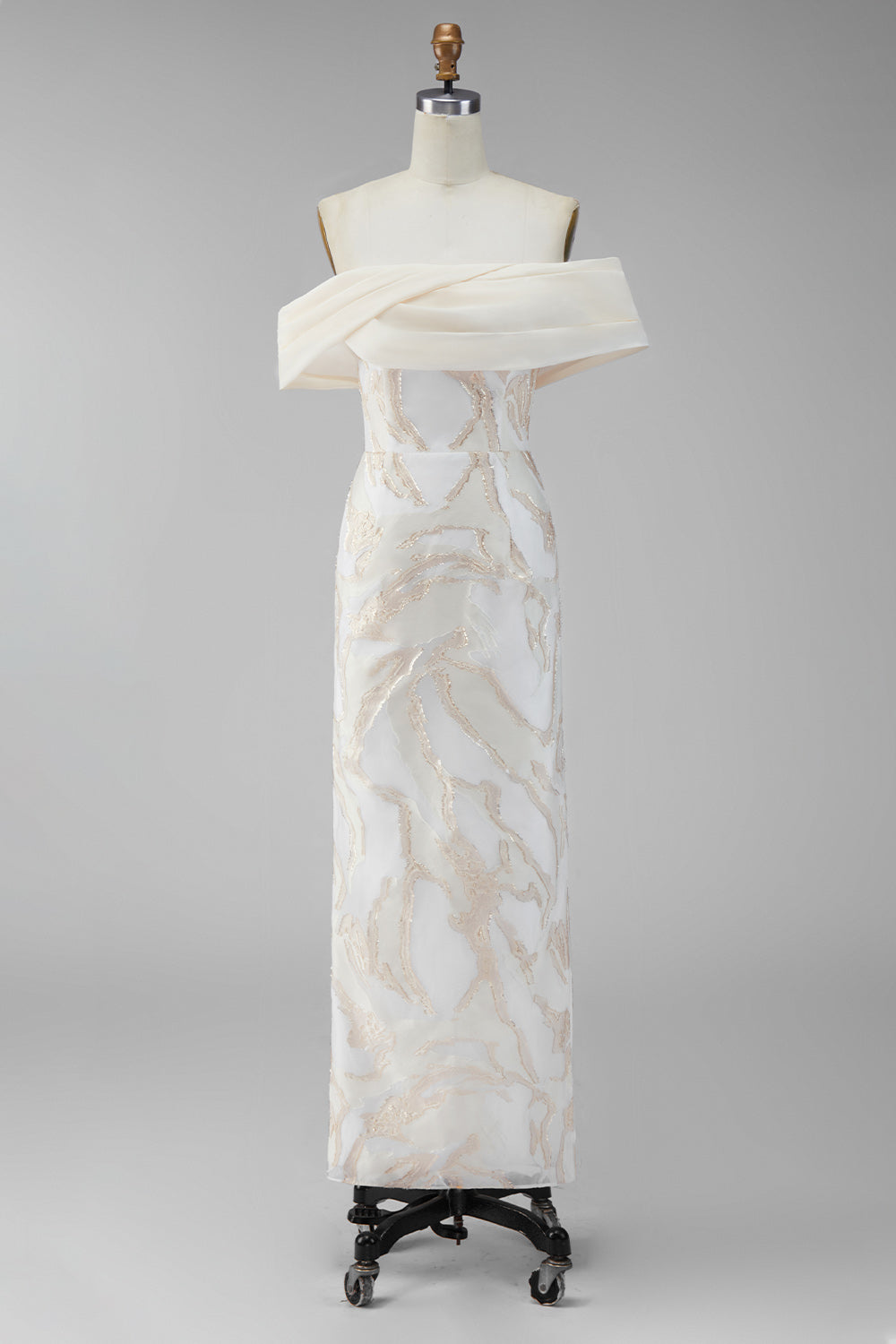 Champagne Off-the-Shoulder Bodycon Printed Maxi Formal Dress