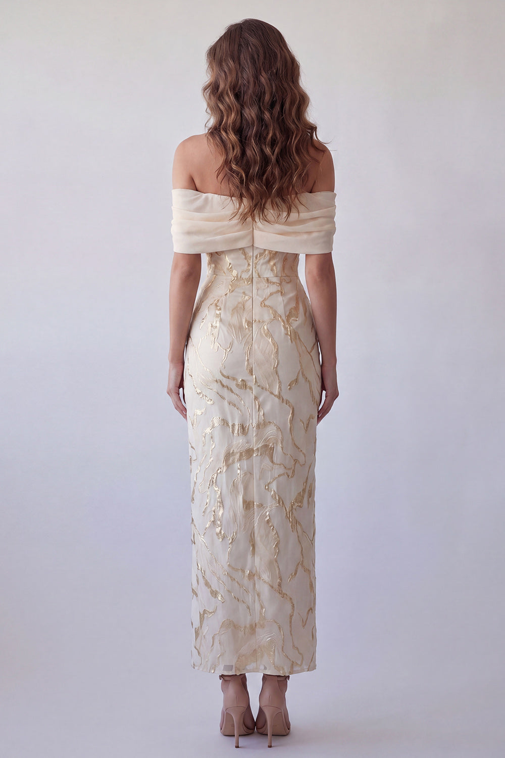 Champagne Off-the-Shoulder Bodycon Printed Maxi Formal Dress
