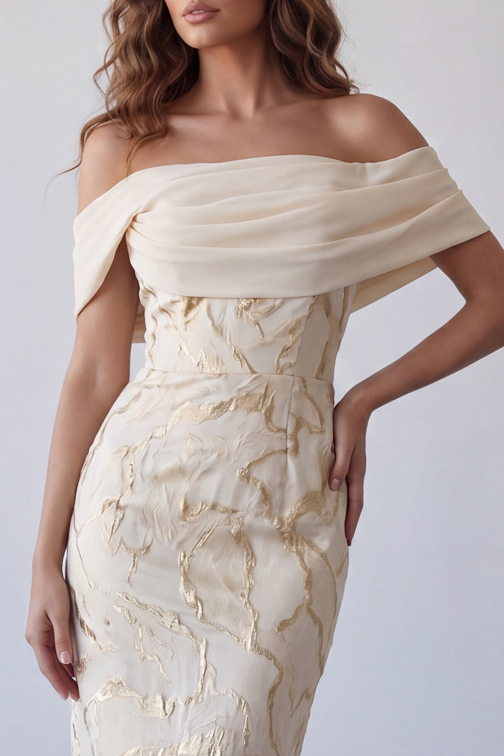 Champagne Off-the-Shoulder Bodycon Printed Maxi Formal Dress