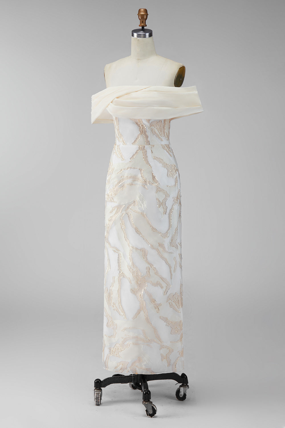 Champagne Off-the-Shoulder Bodycon Printed Maxi Formal Dress
