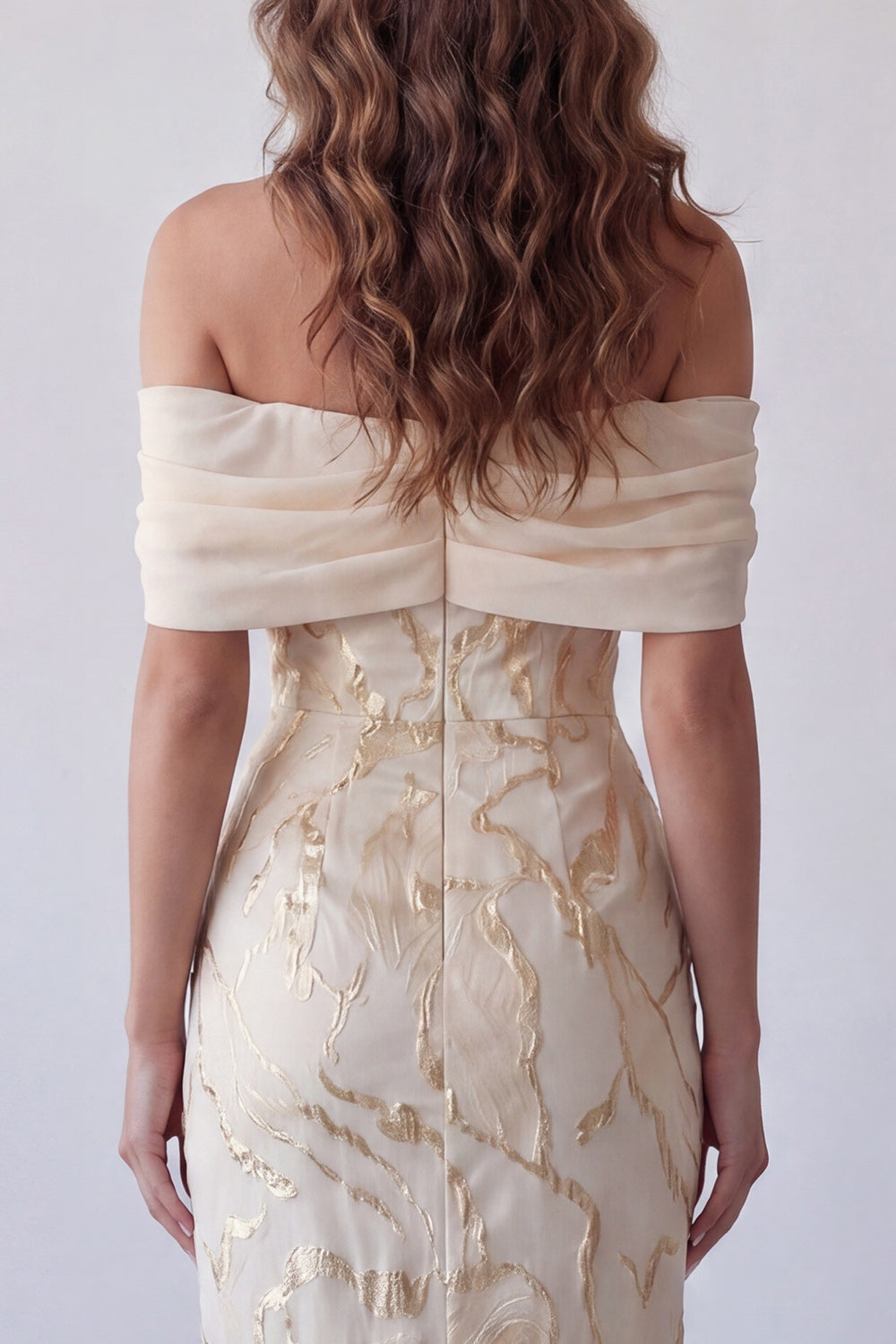 Champagne Off-the-Shoulder Bodycon Printed Maxi Formal Dress