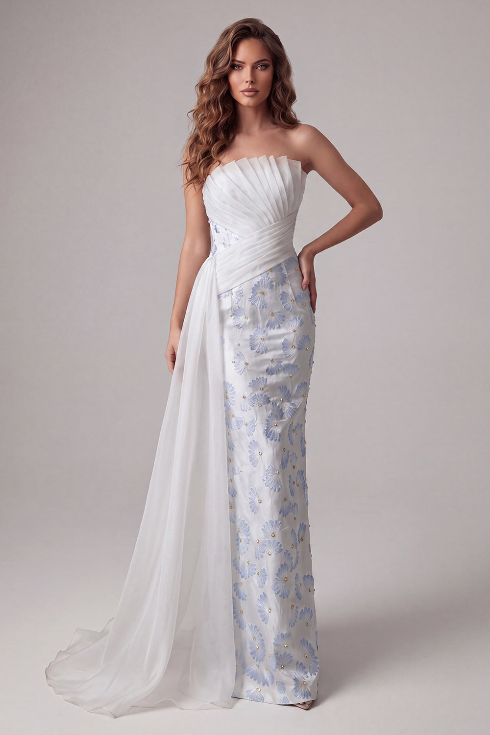 Light Blue Strapless Bodycon Ruched Floral Long Formal Dress with Sash