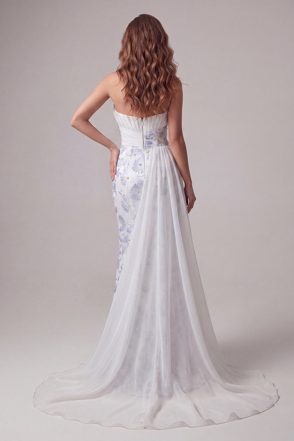 Light Blue Strapless Bodycon Ruched Floral Long Formal Dress with Sash