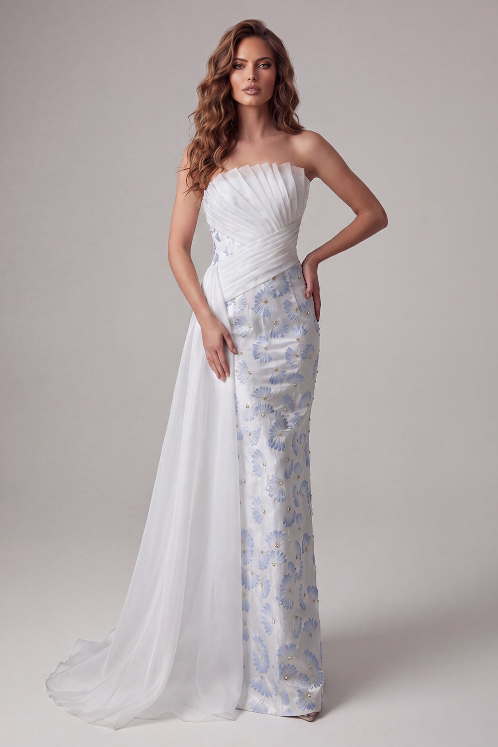 Light Blue Strapless Bodycon Ruched Floral Long Formal Dress with Sash