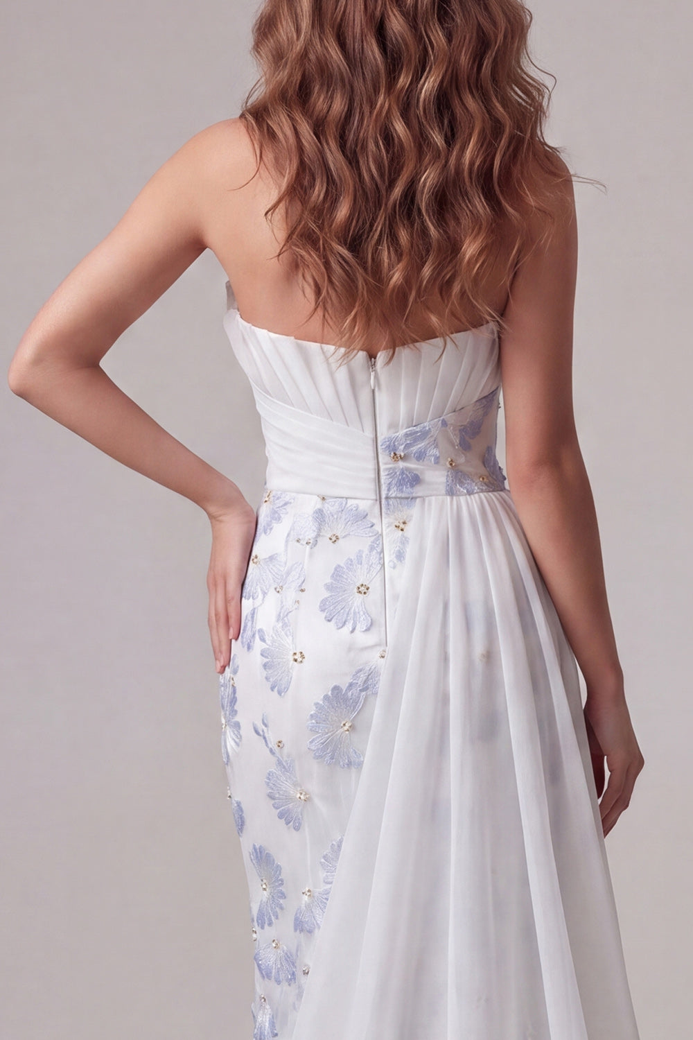 Light Blue Strapless Bodycon Ruched Floral Long Formal Dress with Sash
