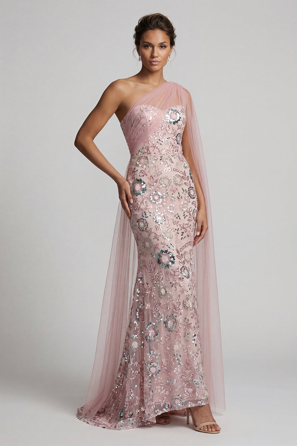 Robe longue sirène rose scintillante pour mère de la mariée avec cape latérale