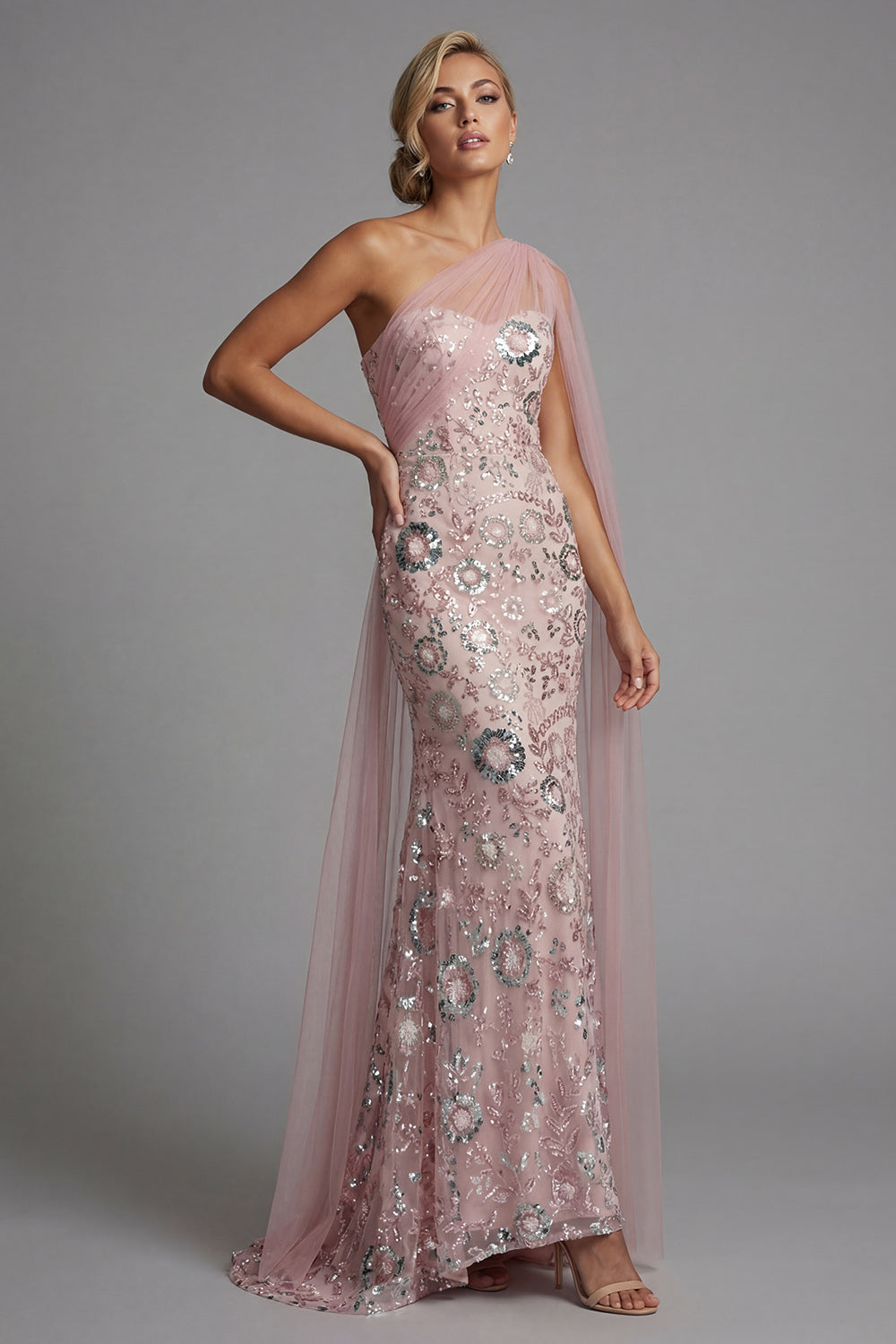 Robe longue sirène rose scintillante pour mère de la mariée avec cape latérale