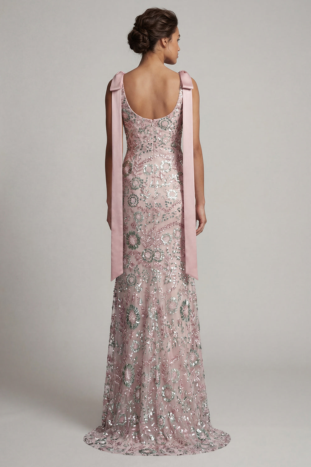 Long Beaded Boat Neck Mermaid Sparkly Pink Mother of the Bride Dress with Bows