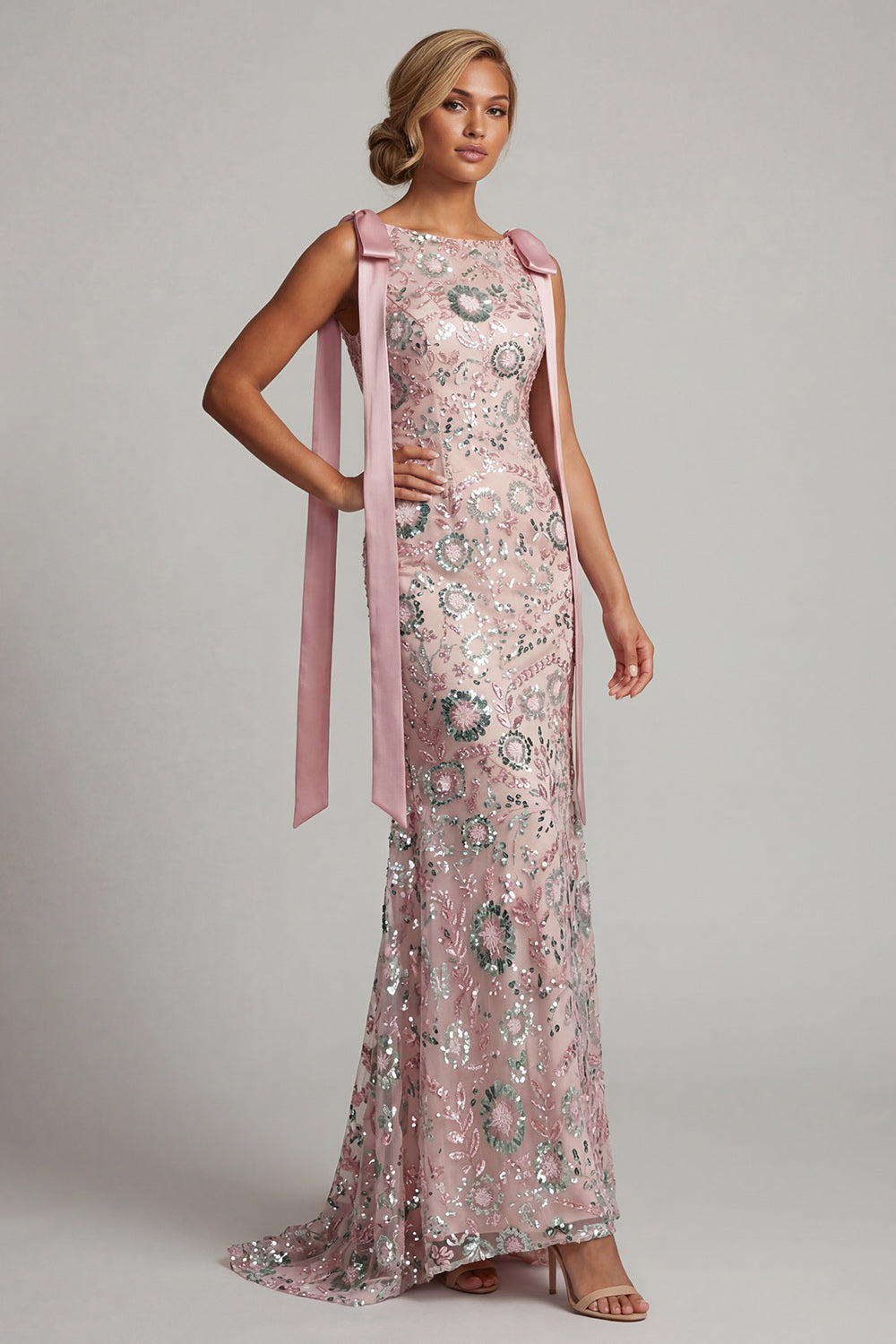 Long Beaded Boat Neck Mermaid Sparkly Pink Mother of the Bride Dress with Bows