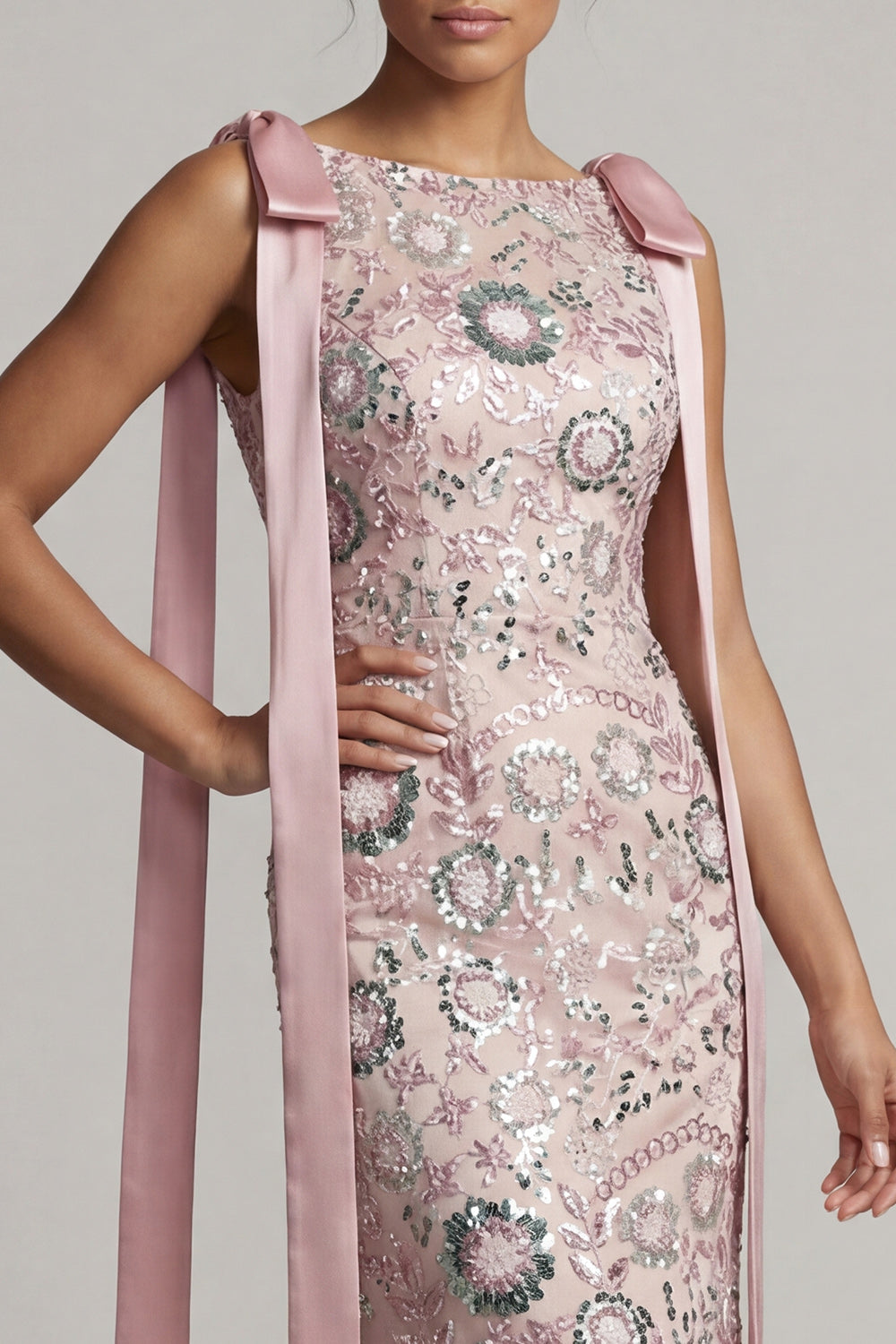 Long Beaded Boat Neck Mermaid Sparkly Pink Mother of the Bride Dress with Bows