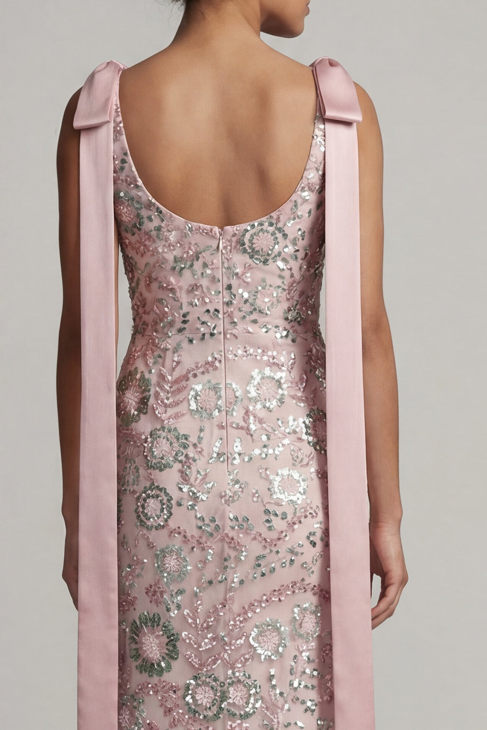 Long Beaded Boat Neck Mermaid Sparkly Pink Mother of the Bride Dress with Bows