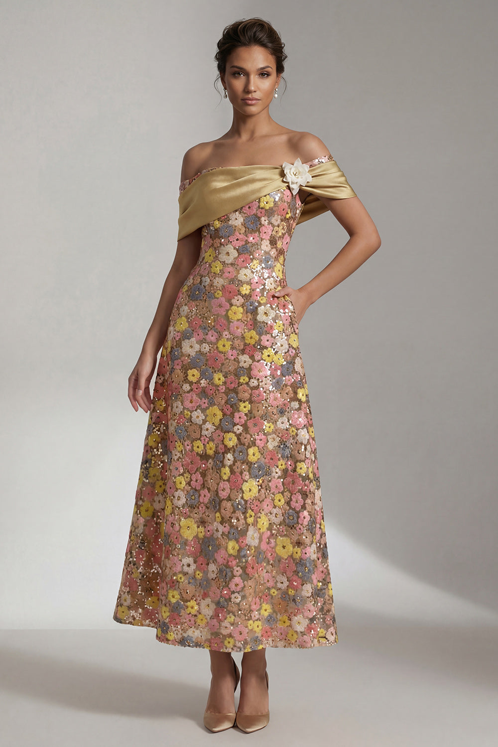 Sparkly Yellow Long Off the Shoulder A-Line Mother of the Bride Dress with 3D Flower