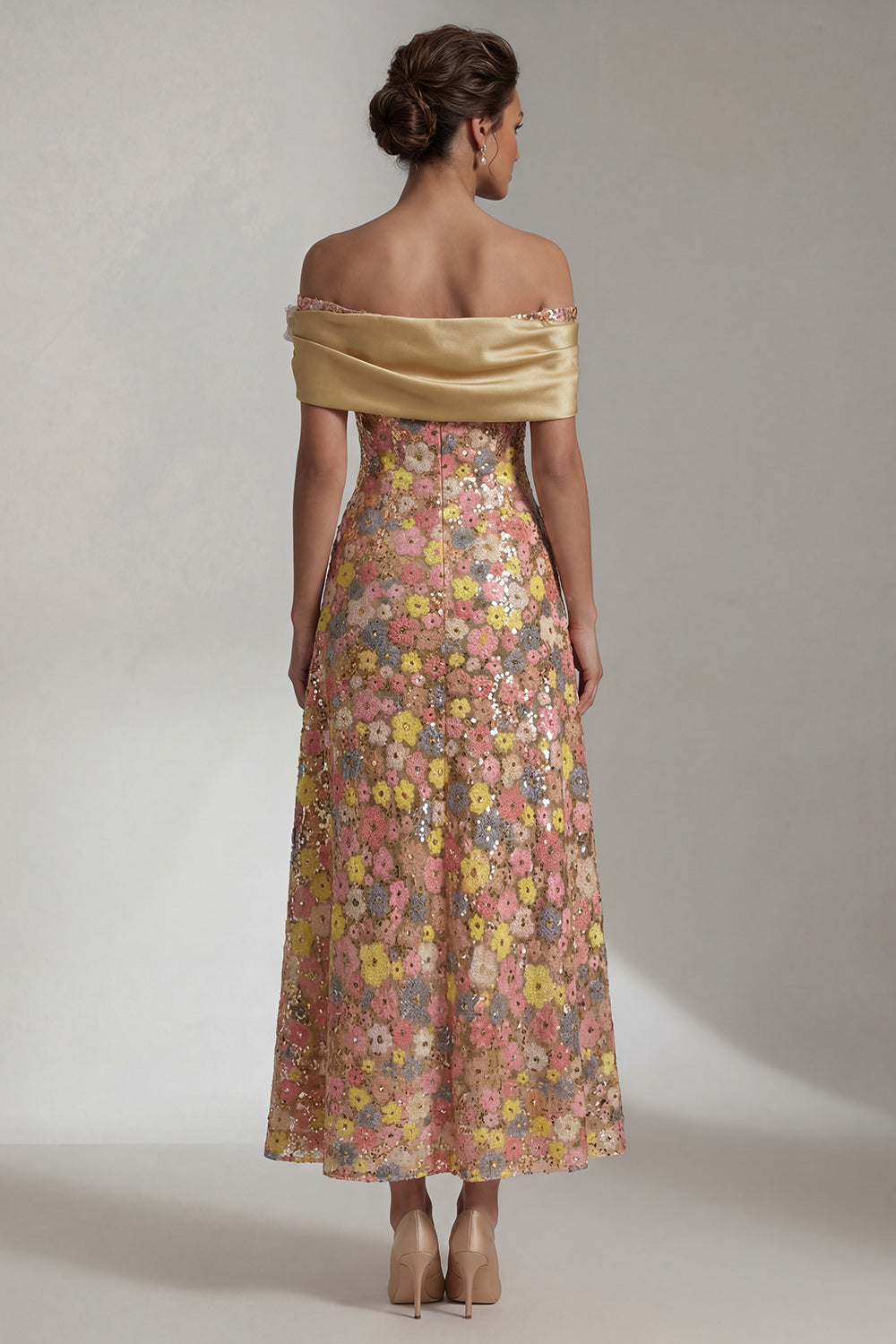 Sparkly Yellow Long Off the Shoulder A-Line Mother of the Bride Dress with 3D Flower