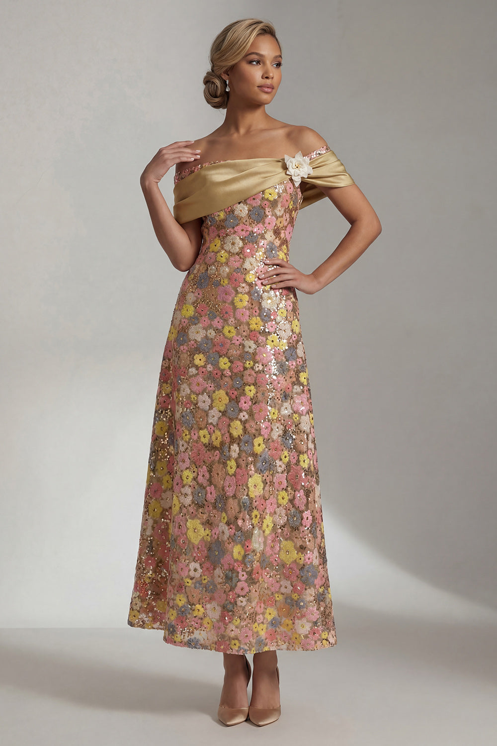 Sparkly Yellow Long Off the Shoulder A-Line Mother of the Bride Dress with 3D Flower