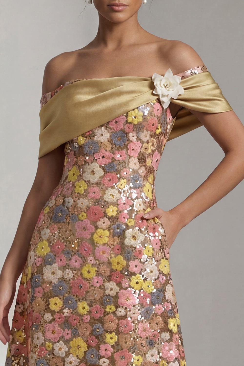 Sparkly Yellow Long Off the Shoulder A-Line Mother of the Bride Dress with 3D Flower