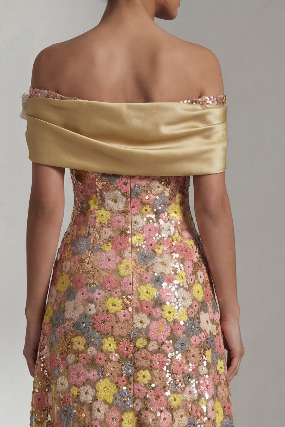 Sparkly Yellow Long Off the Shoulder A-Line Mother of the Bride Dress with 3D Flower