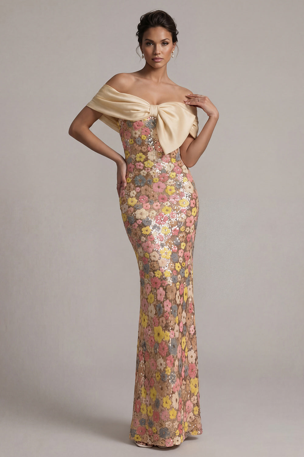 Off the Shoulder Floral Mermaid Sparkly Yellow Long Mother of the Bride Dress with Bow