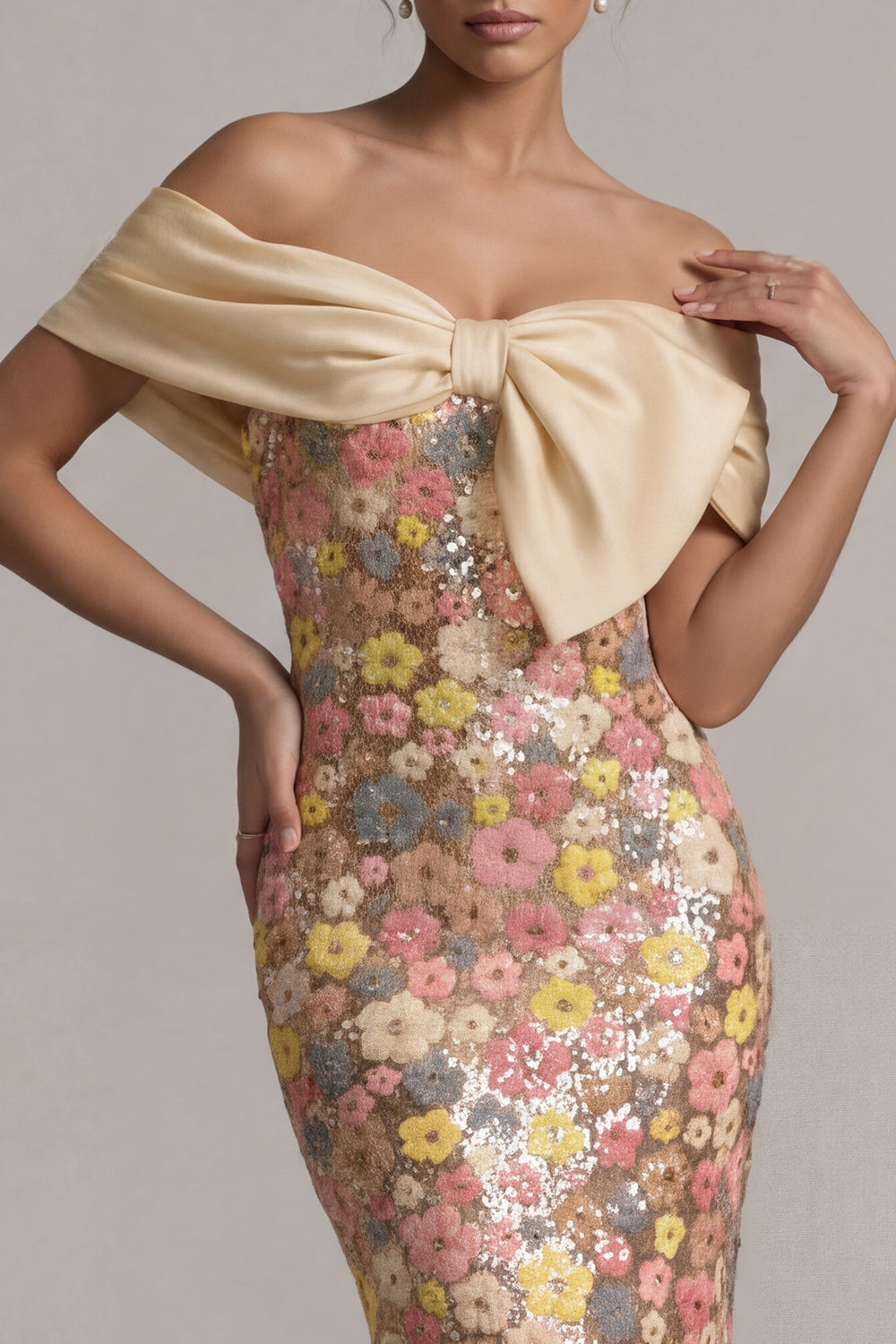 Off the Shoulder Floral Mermaid Sparkly Yellow Long Mother of the Bride Dress with Bow