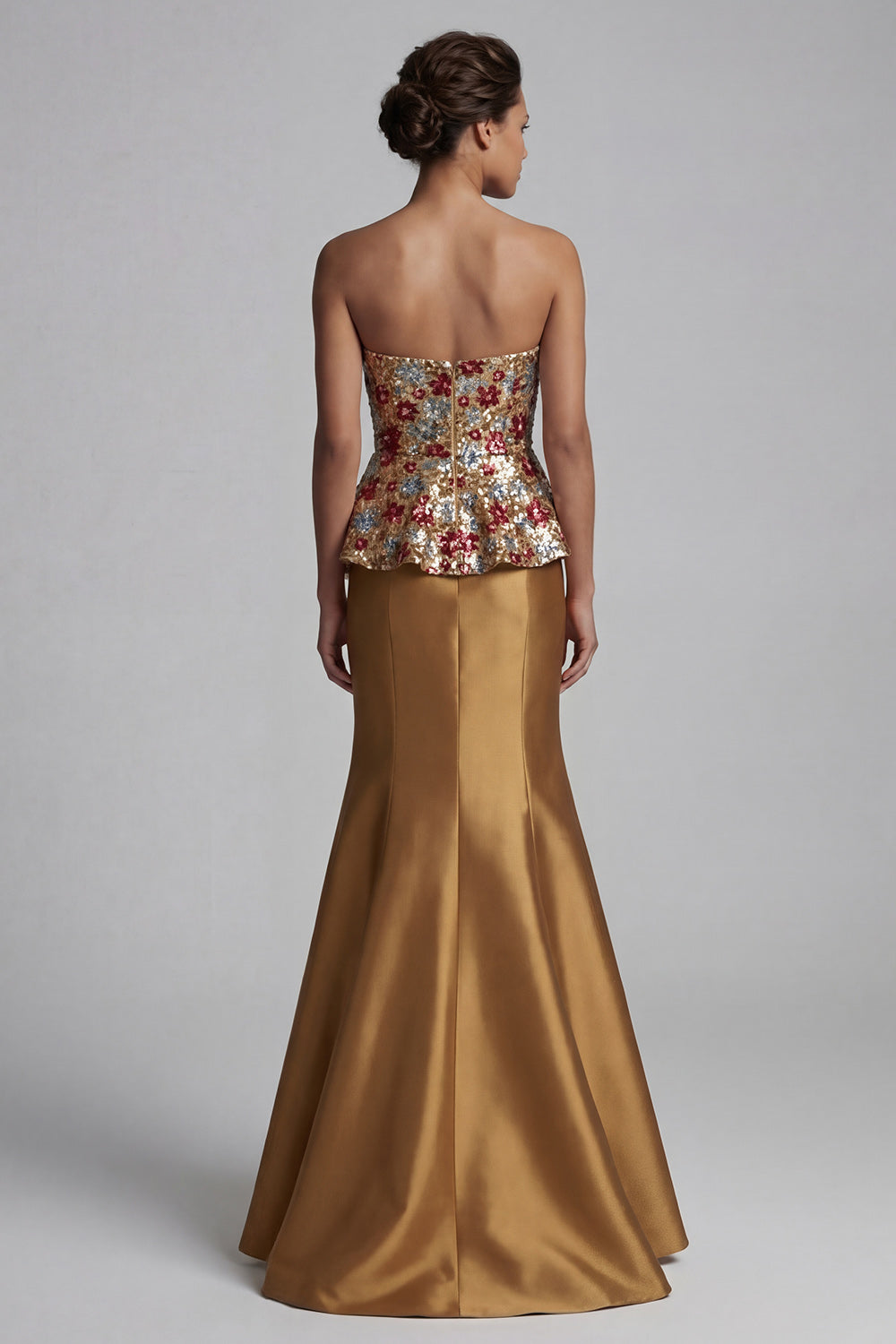 Strapless Floral Mermaid Sparkly Gold Long Mother of the Bride Dress with Sequins