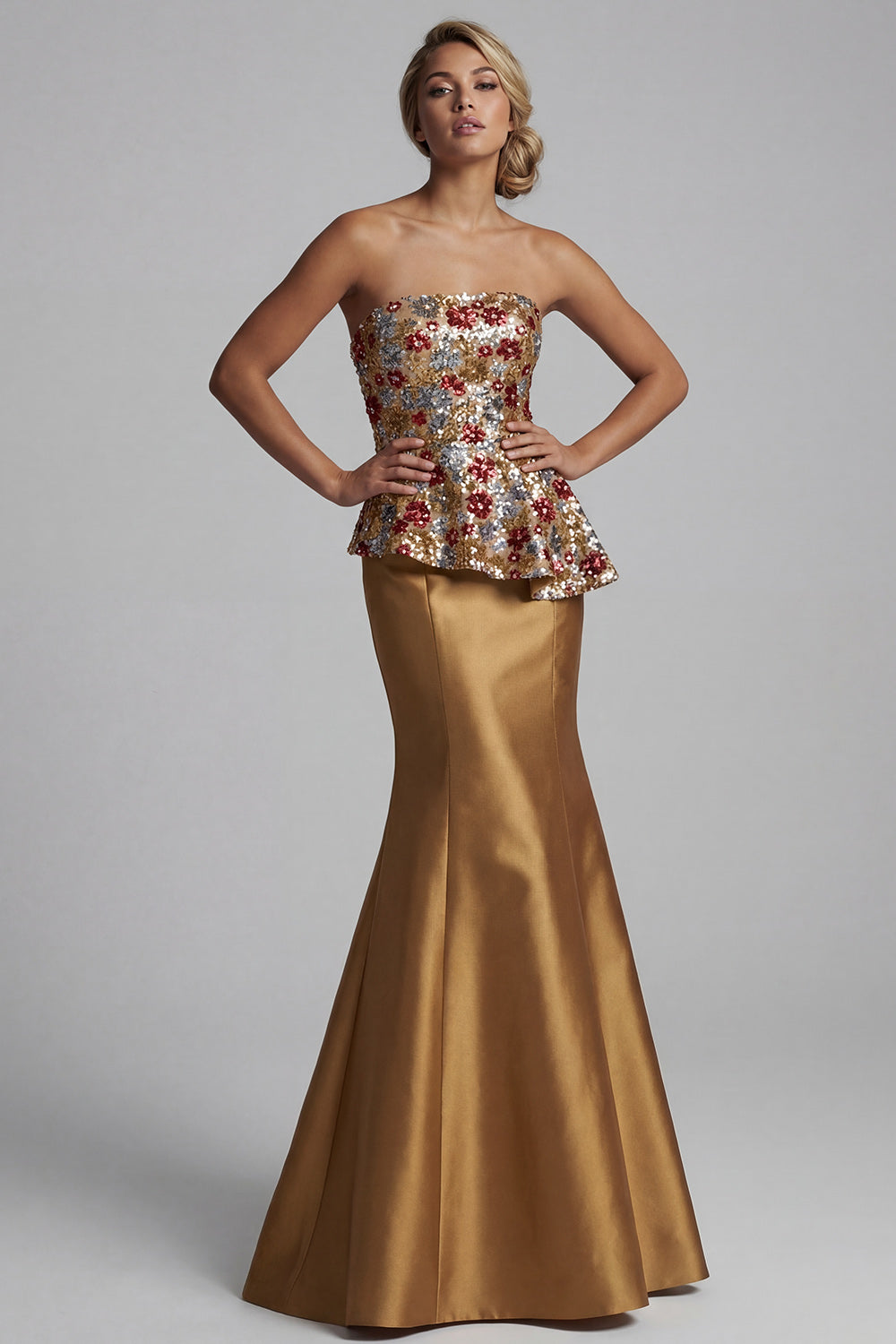 Strapless Floral Mermaid Sparkly Gold Long Mother of the Bride Dress with Sequins