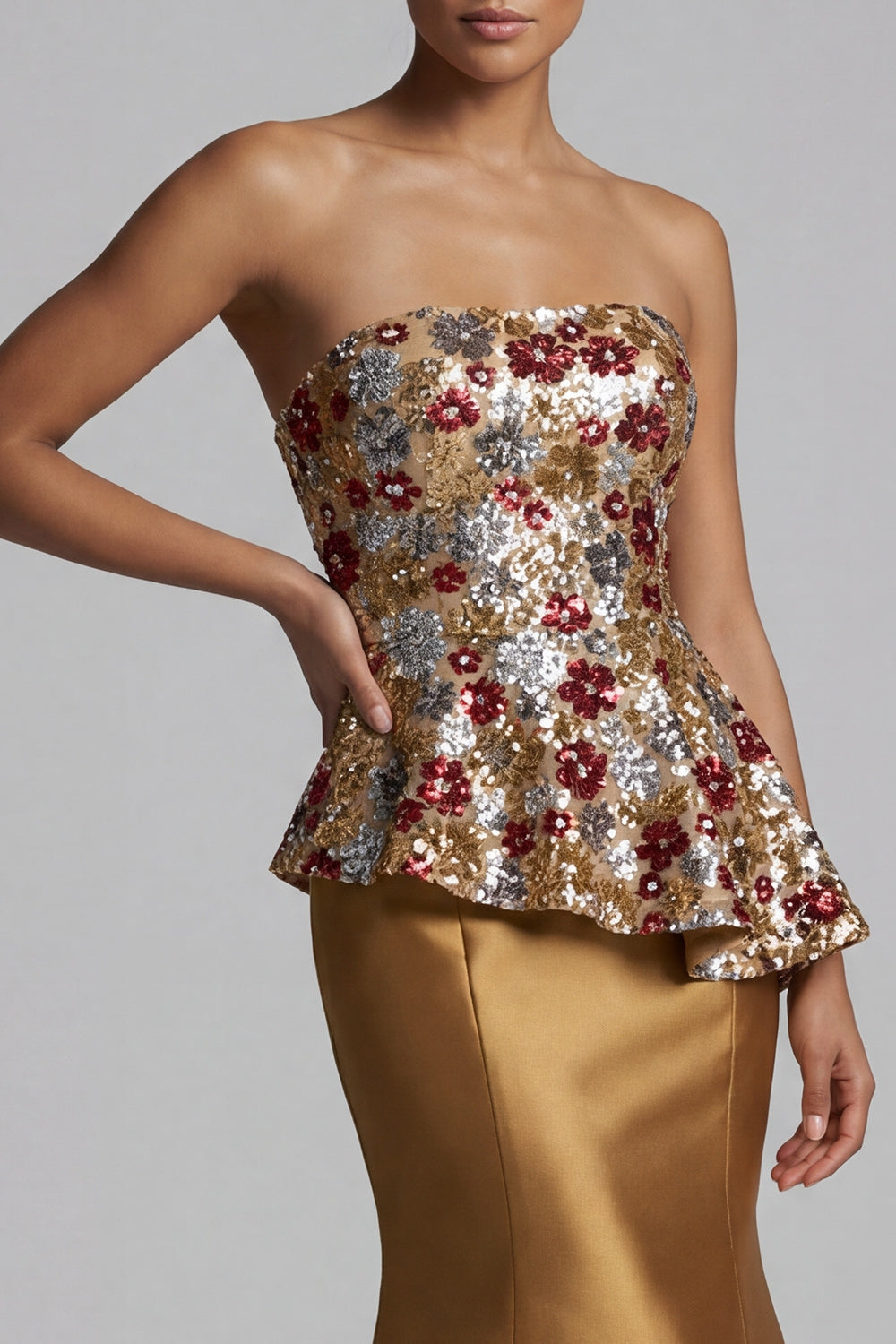 Strapless Floral Mermaid Sparkly Gold Long Mother of the Bride Dress with Sequins