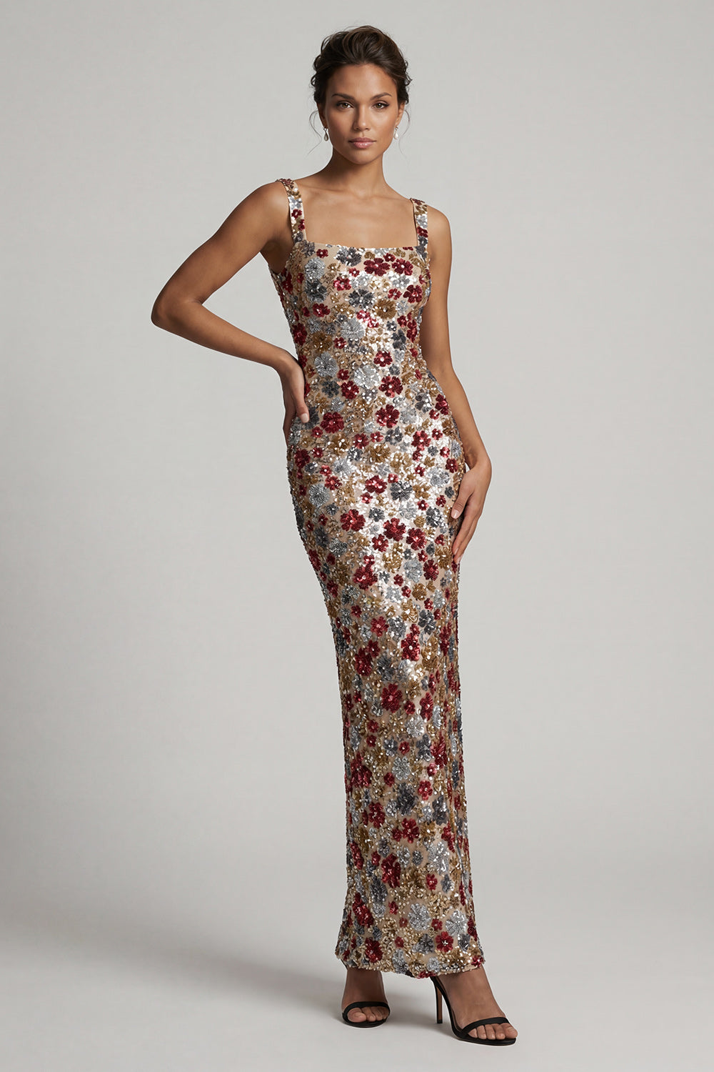 Vestido de noche de cola de sirena con lentejuelas, flores y cuello cuadrado, brillante rojo, largo, para madre de la novia