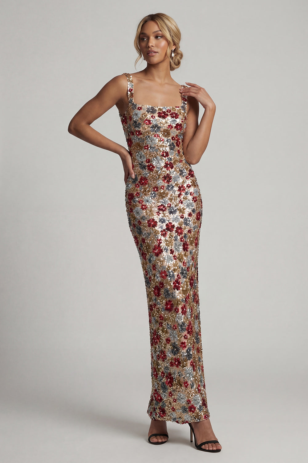 Vestido de noche de cola de sirena con lentejuelas, flores y cuello cuadrado, brillante rojo, largo, para madre de la novia
