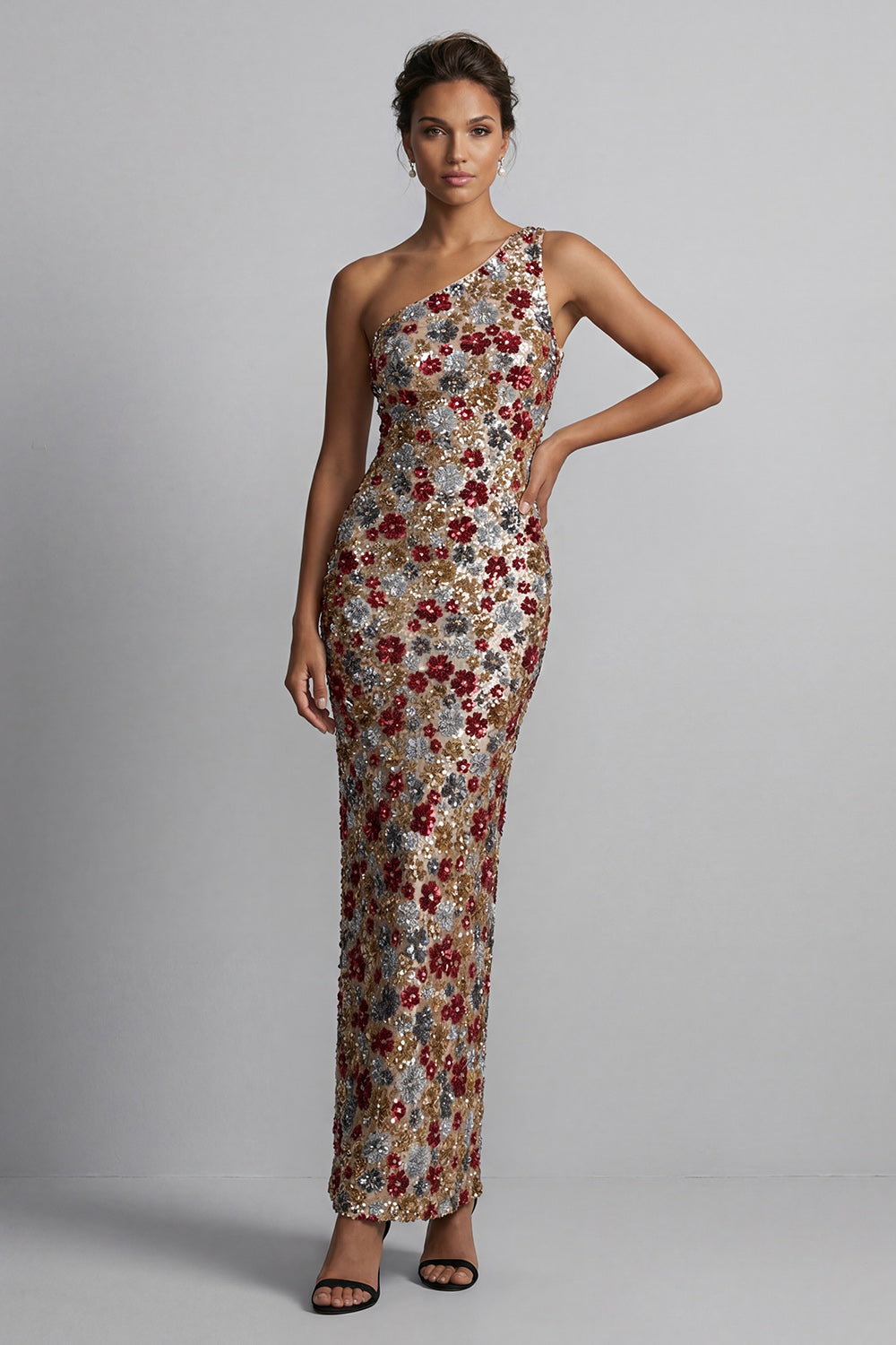 Sparkly Red One Shoulder Floral Mermaid Sequin Long Mother of the Bride Dress
