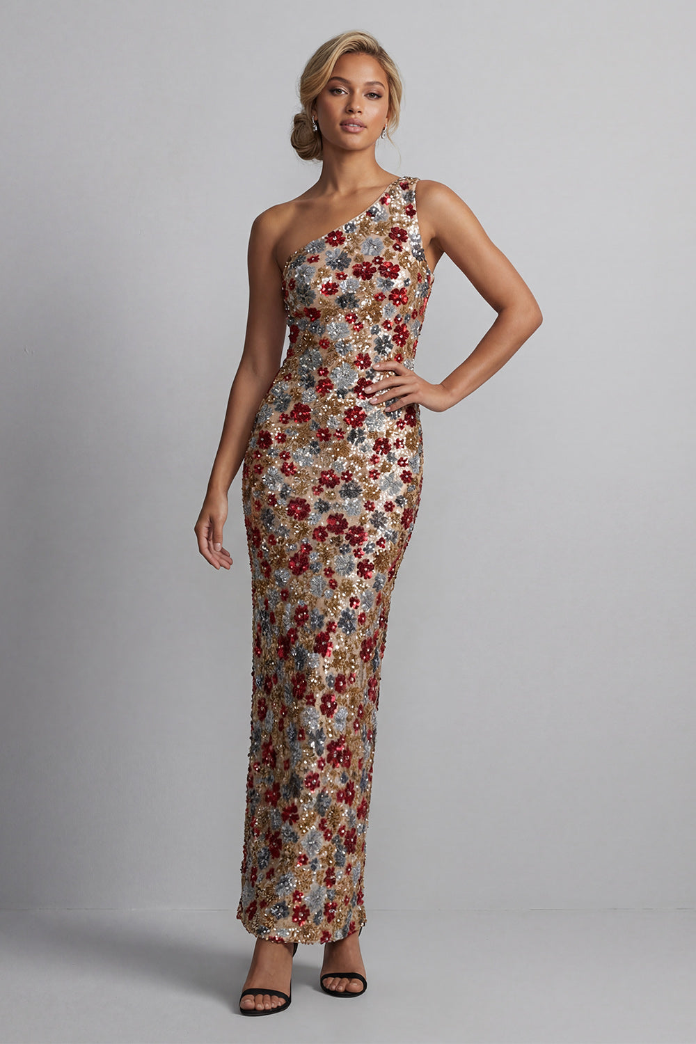 Sparkly Red One Shoulder Floral Mermaid Sequin Long Mother of the Bride Dress