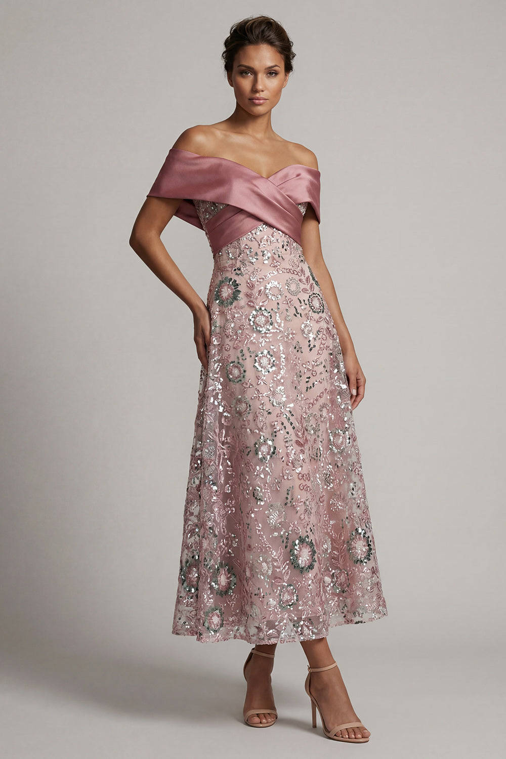 Sparkly Pink A-Line Long Off-the-Shoulder Beaded Mother of the Bride Dress