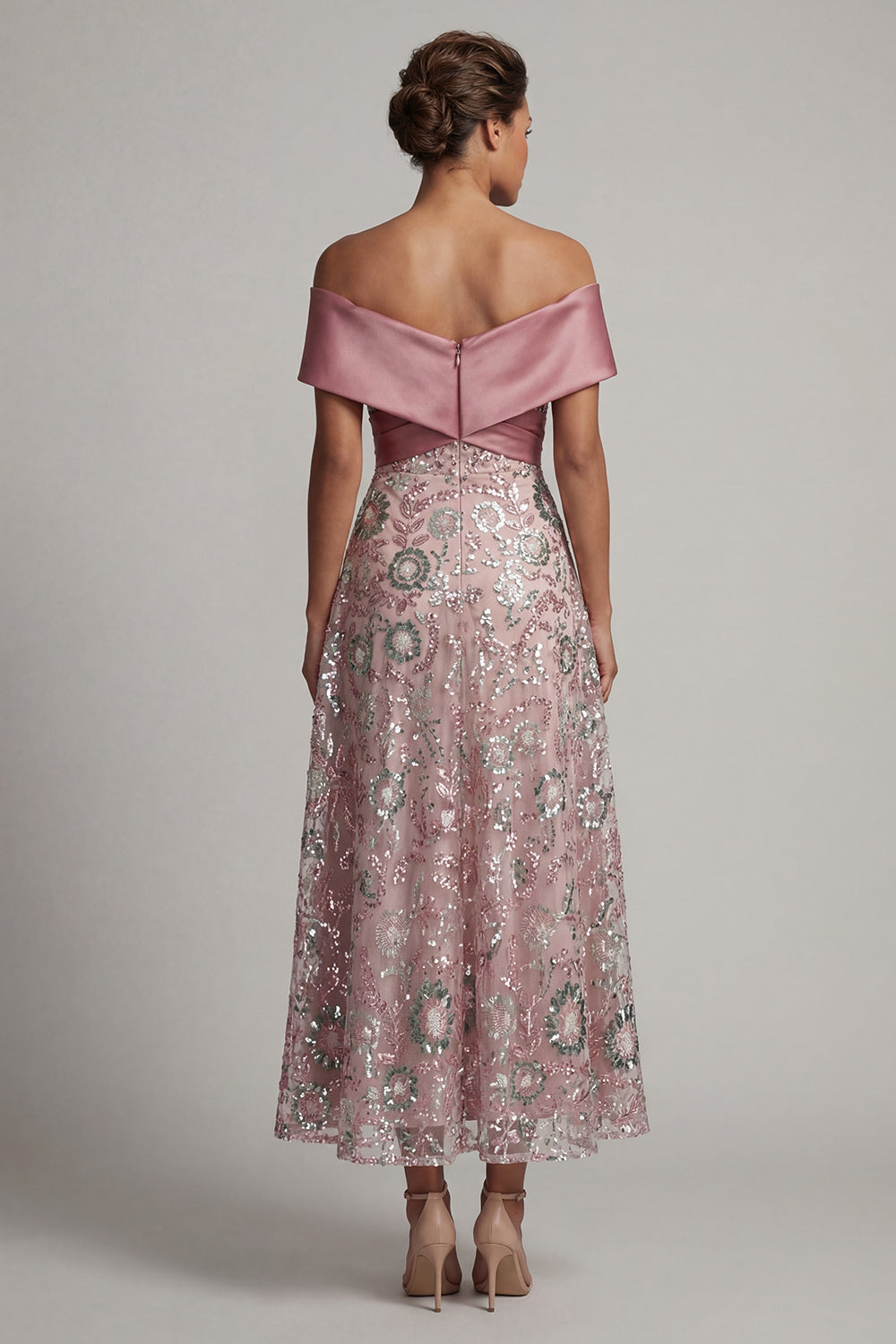 Sparkly Pink A-Line Long Off-the-Shoulder Beaded Mother of the Bride Dress