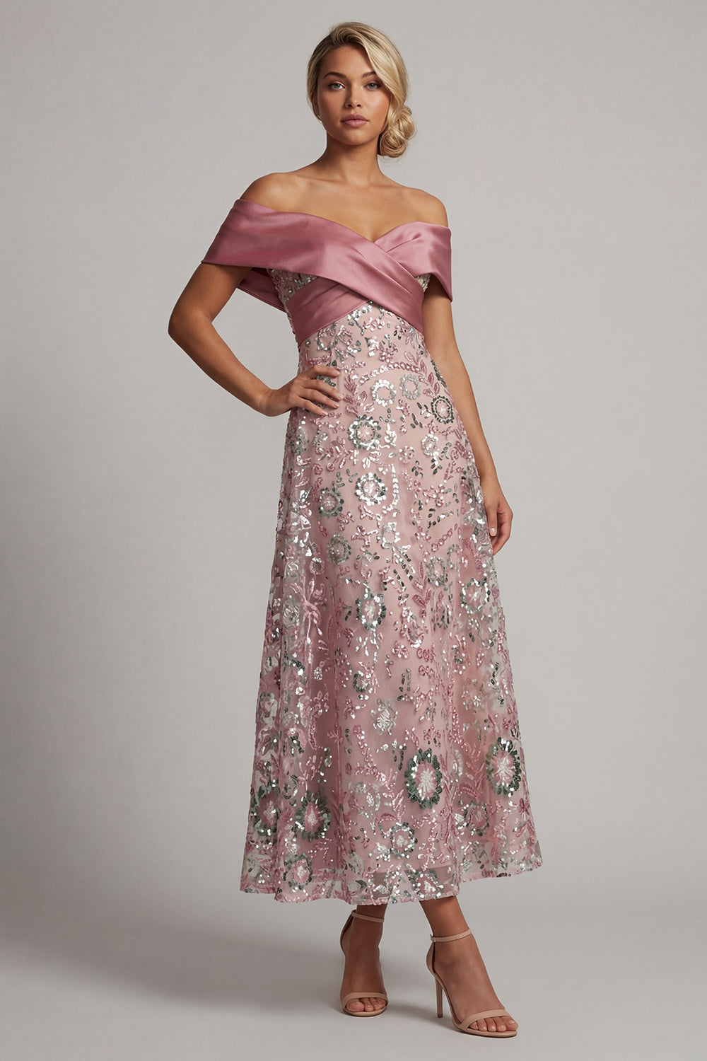 Sparkly Pink A-Line Long Off-the-Shoulder Beaded Mother of the Bride Dress