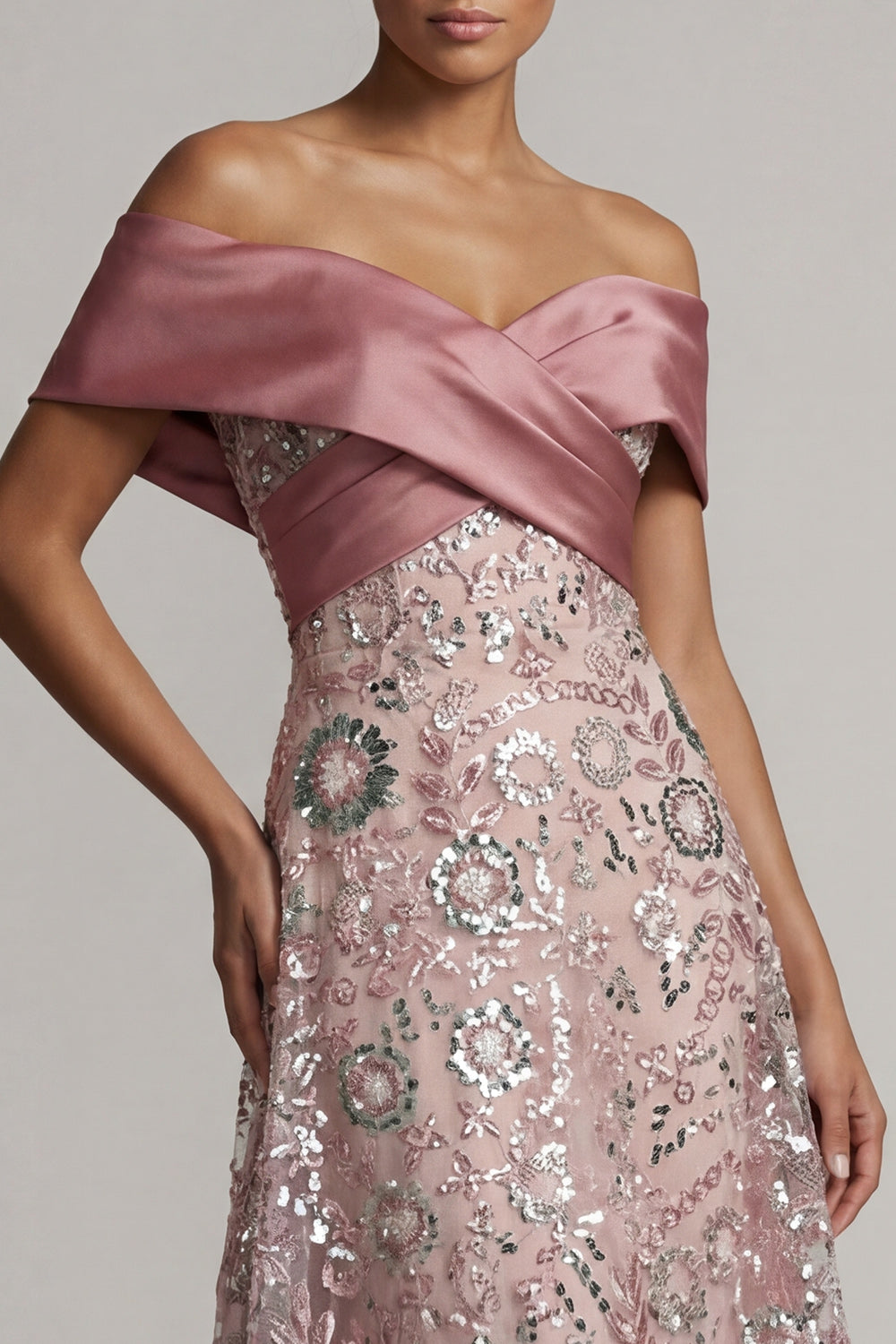 Sparkly Pink A-Line Long Off-the-Shoulder Beaded Mother of the Bride Dress