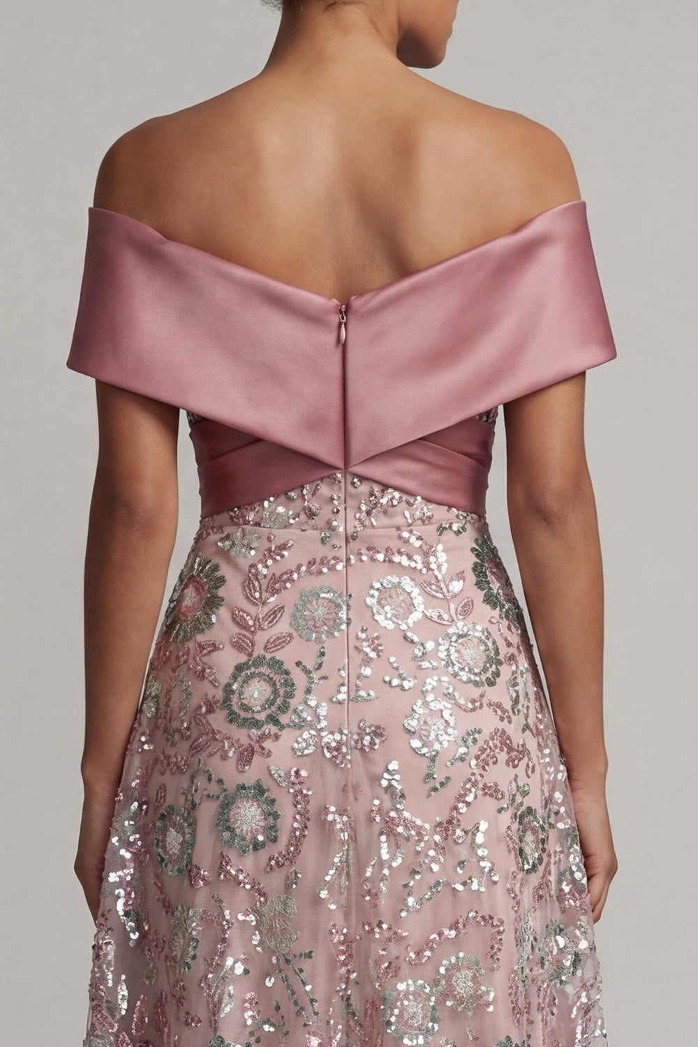 Sparkly Pink A-Line Long Off-the-Shoulder Beaded Mother of the Bride Dress