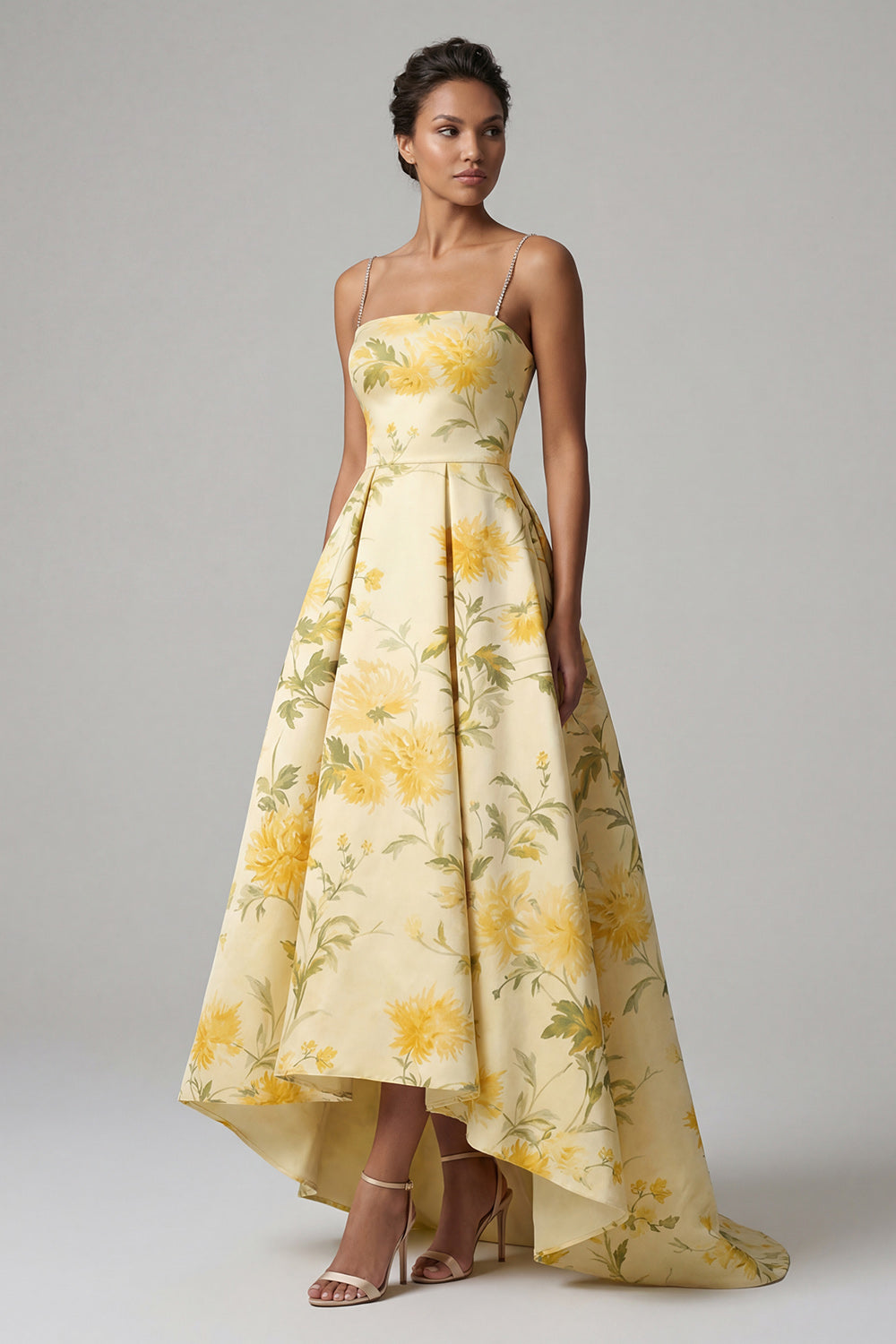 Yellow A Line Spaghetti Straps High Low Floral Dress