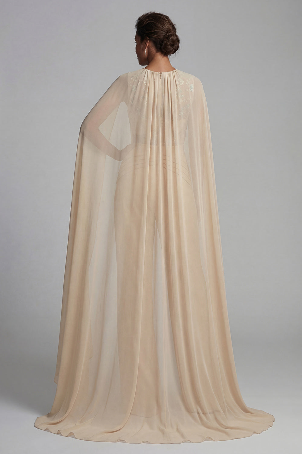Champagne Applique Ruched Round Neck Mother Outfit with Cape