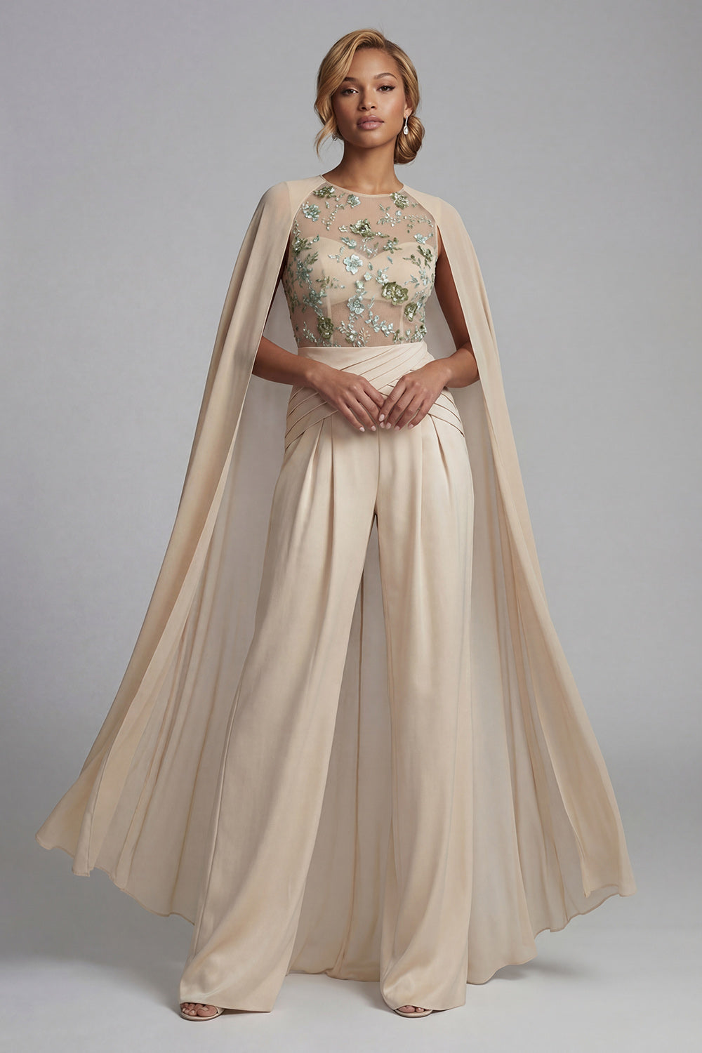 Champagne Applique Ruched Round Neck Mother Outfit with Cape