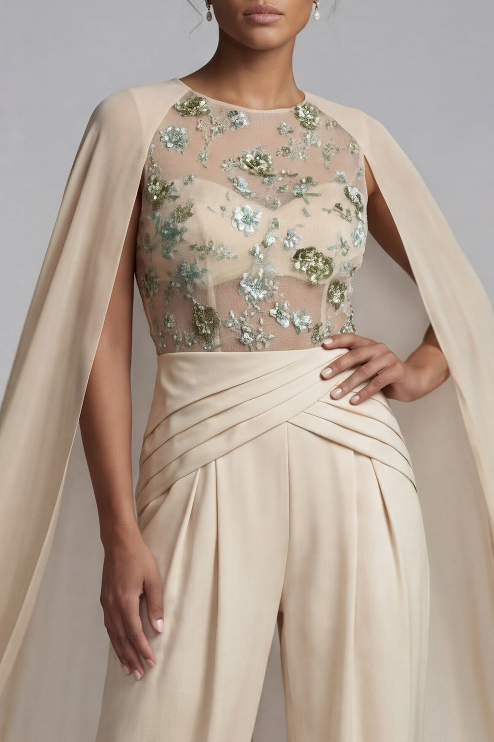 Champagne Applique Ruched Round Neck Mother Outfit with Cape