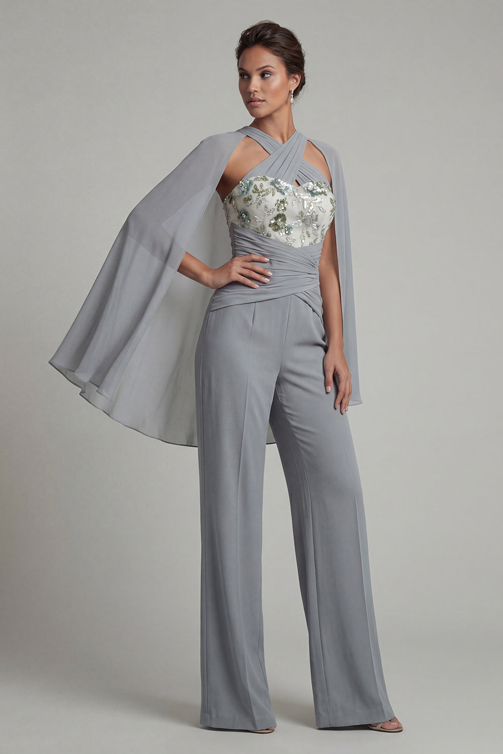 Grey Blue Appliqued Halter Mother of the Bride Jumpsuit with Cape