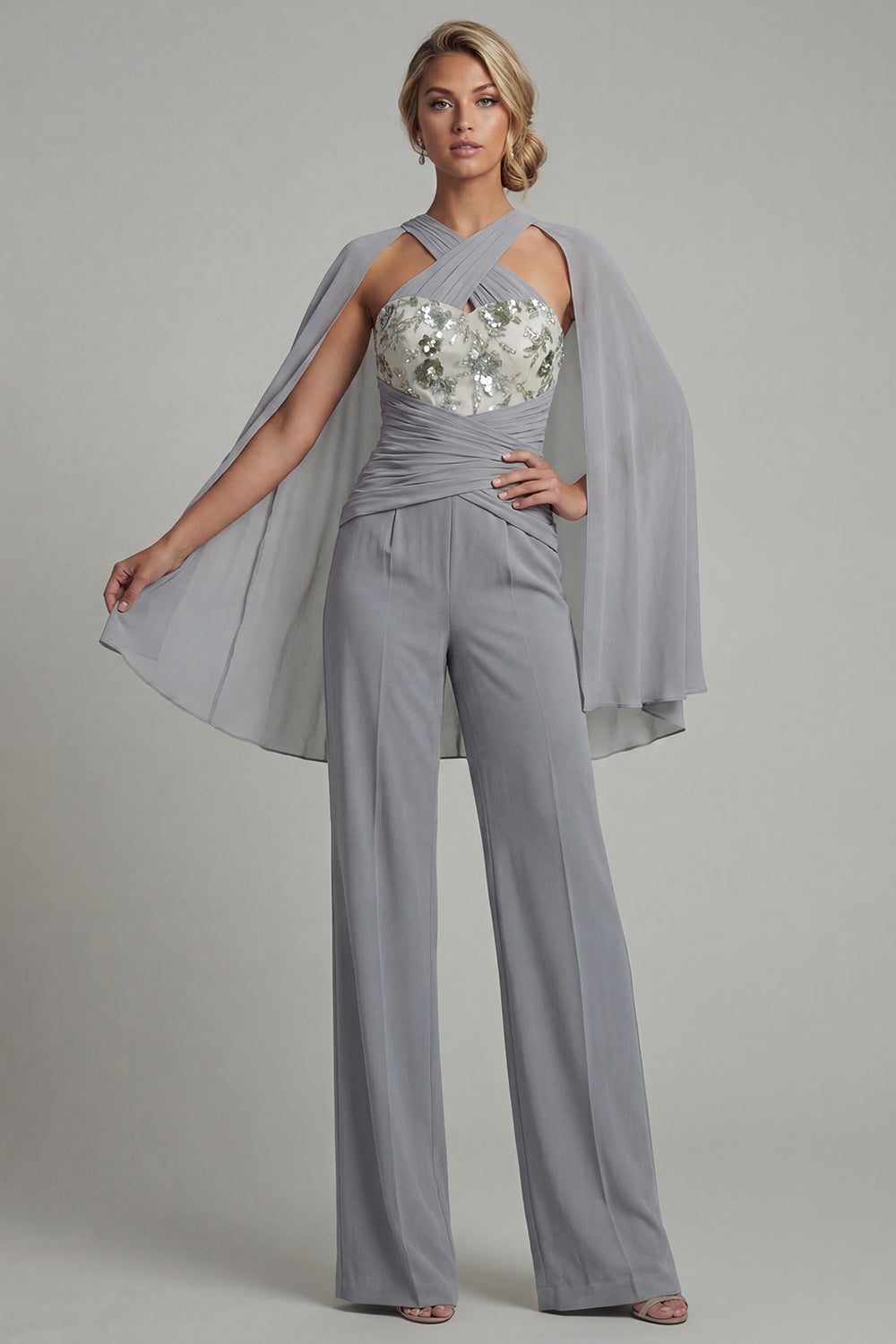 Grey Blue Appliqued Halter Mother of the Bride Jumpsuit with Cape