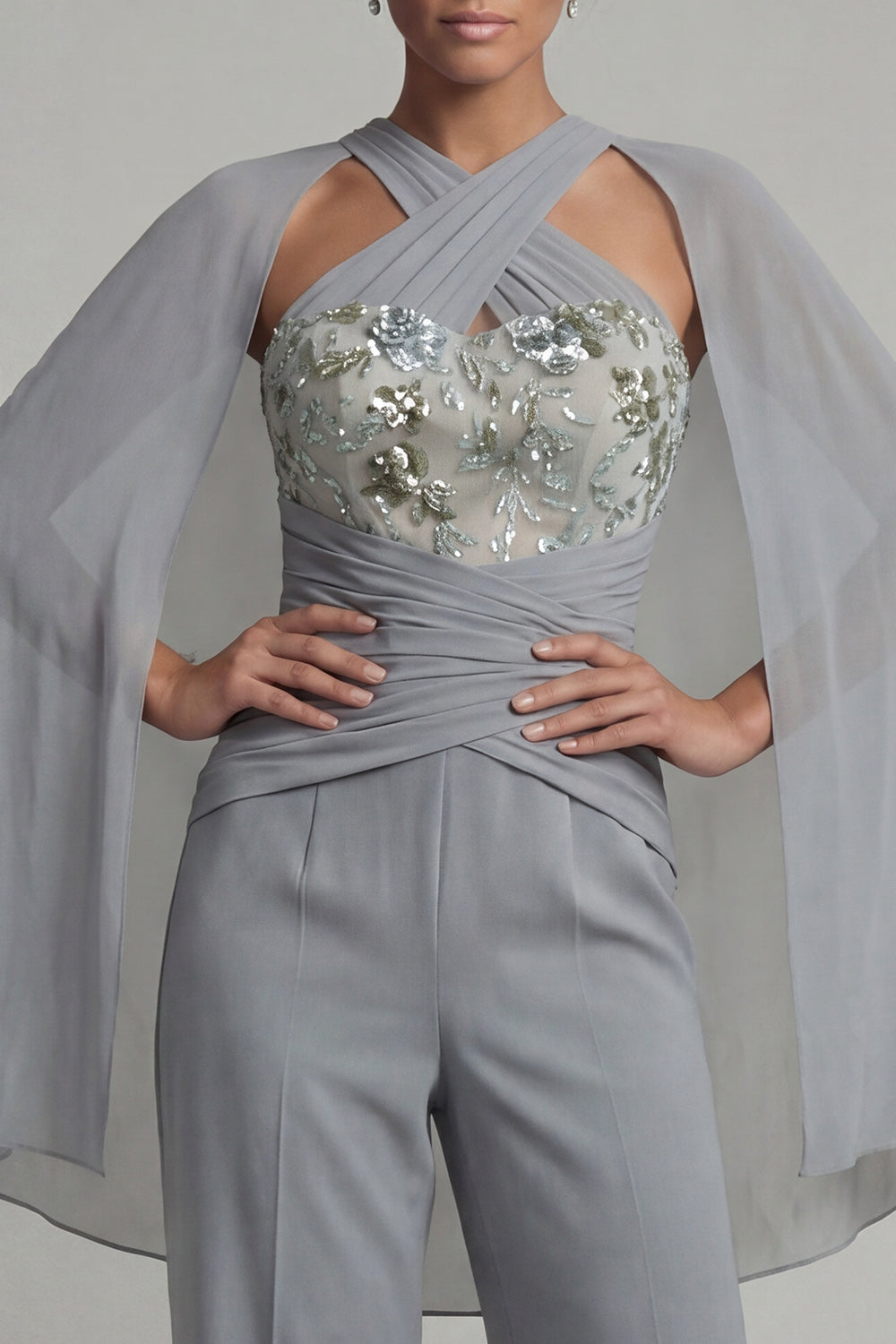 Grey Blue Appliqued Halter Mother of the Bride Jumpsuit with Cape