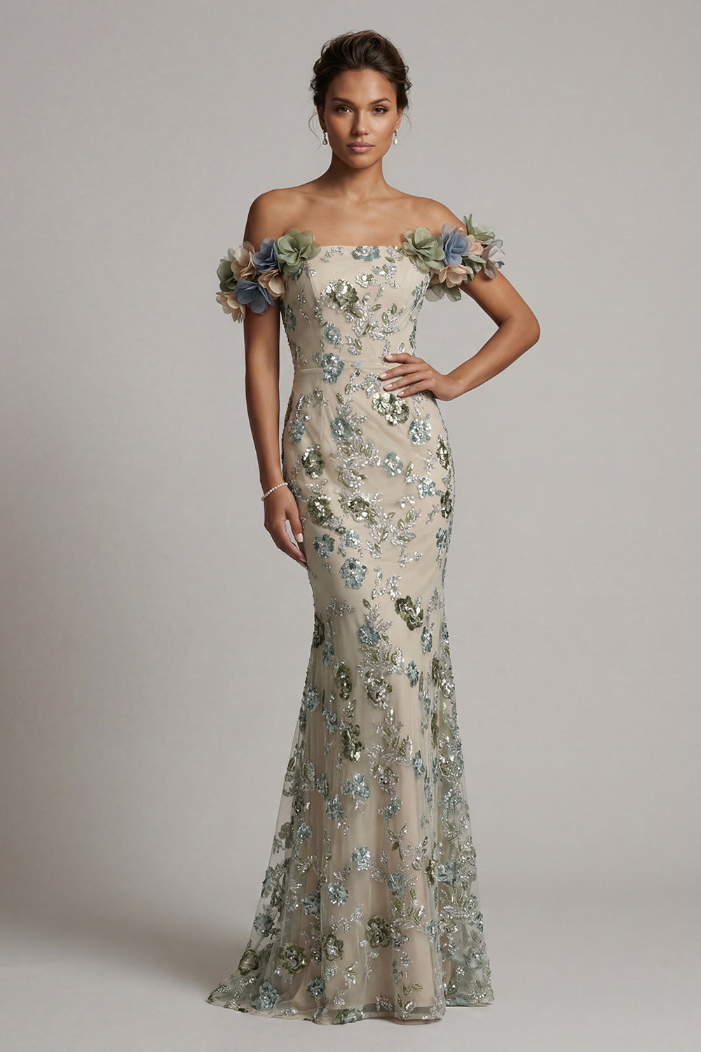 Robe de sirène à sequins et fleurs 3D épaules dénudées couleur sauge poussiéreuse pour mère de la mariée