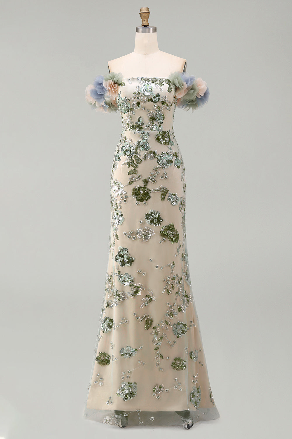 Robe de sirène à sequins et fleurs 3D épaules dénudées couleur sauge poussiéreuse pour mère de la mariée