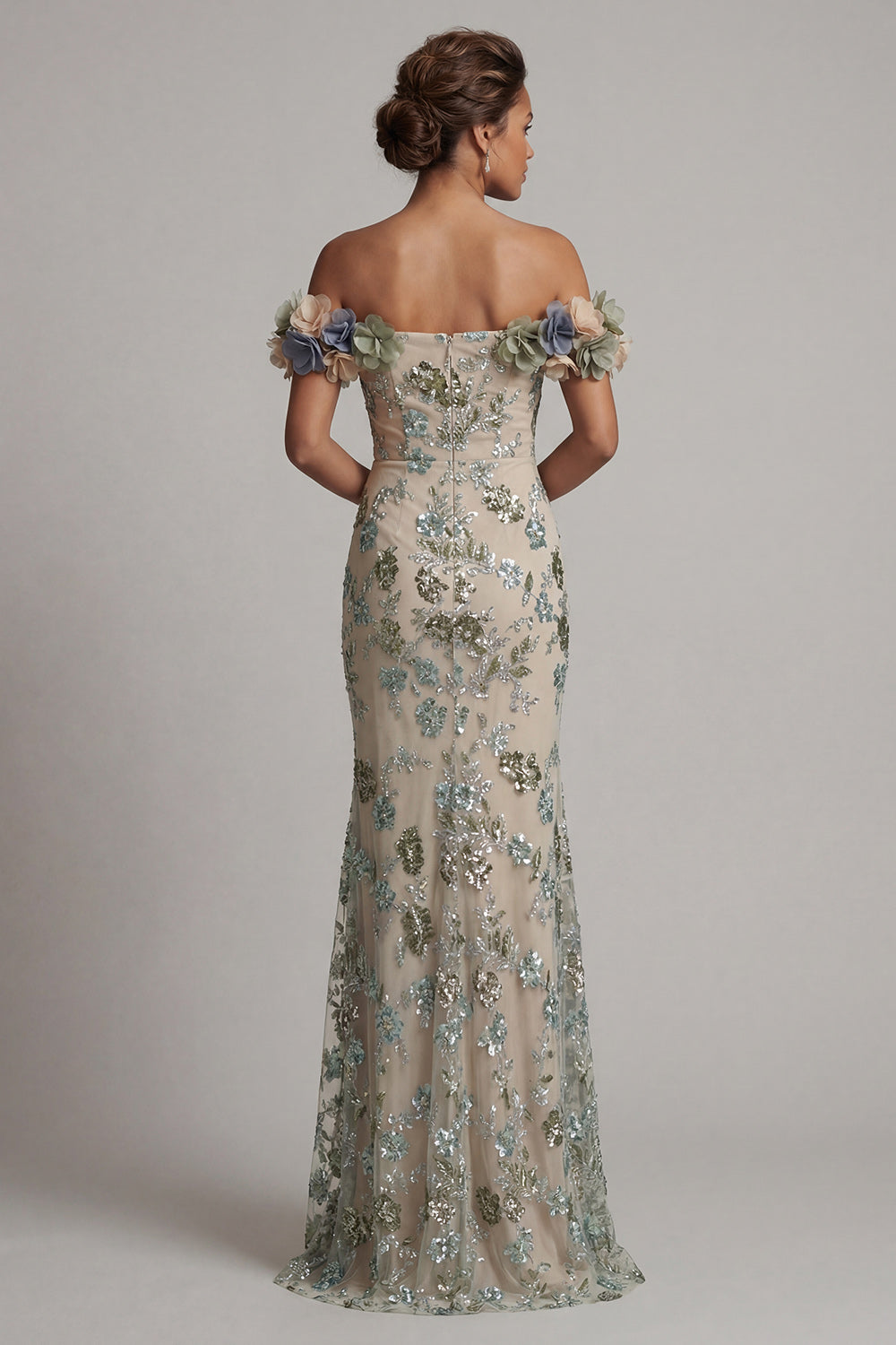 Robe de sirène à sequins et fleurs 3D épaules dénudées couleur sauge poussiéreuse pour mère de la mariée