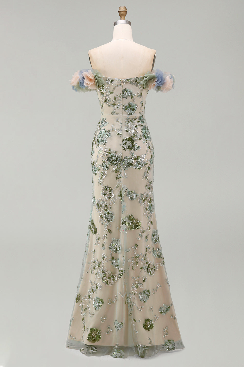 Robe de sirène à sequins et fleurs 3D épaules dénudées couleur sauge poussiéreuse pour mère de la mariée