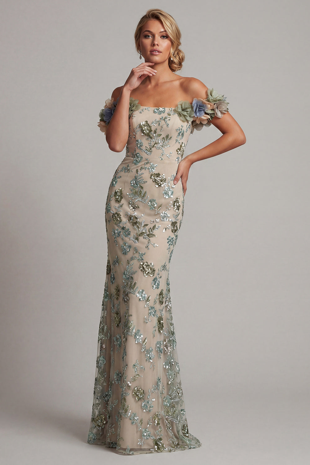 Robe de sirène à sequins et fleurs 3D épaules dénudées couleur sauge poussiéreuse pour mère de la mariée