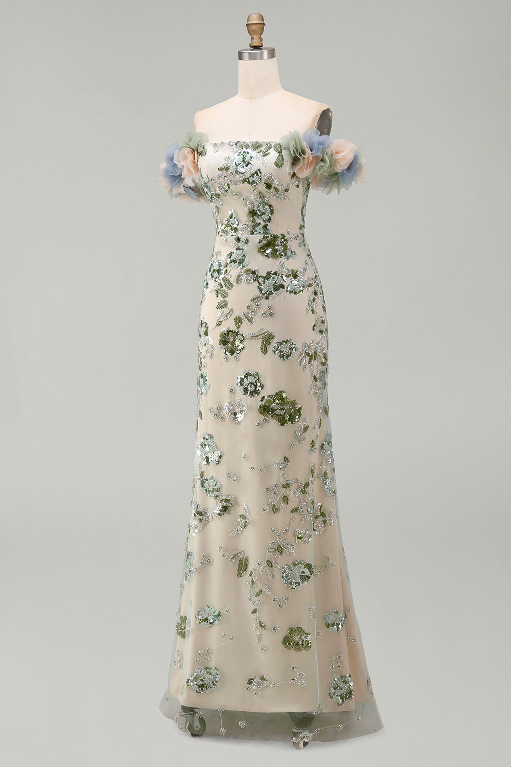 Robe de sirène à sequins et fleurs 3D épaules dénudées couleur sauge poussiéreuse pour mère de la mariée