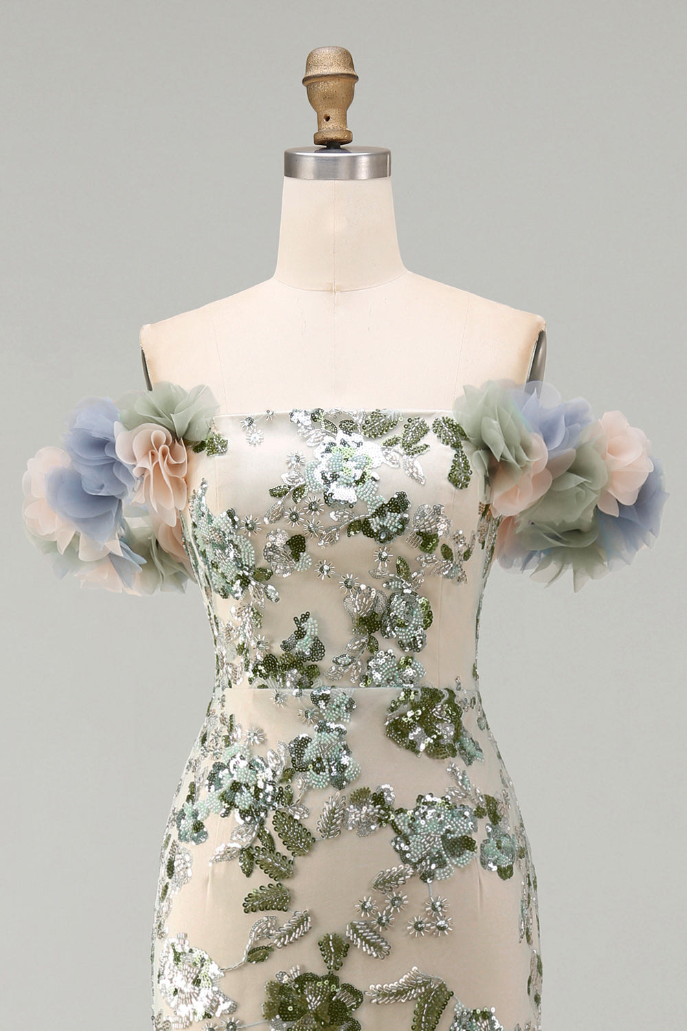 Robe de sirène à sequins et fleurs 3D épaules dénudées couleur sauge poussiéreuse pour mère de la mariée