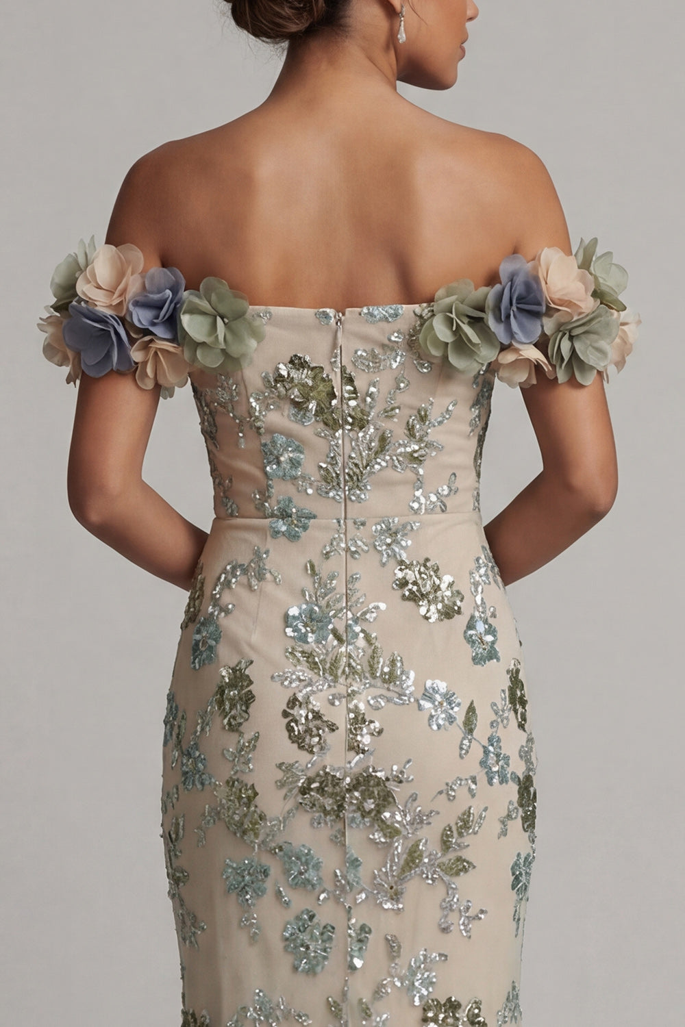 Robe de sirène à sequins et fleurs 3D épaules dénudées couleur sauge poussiéreuse pour mère de la mariée
