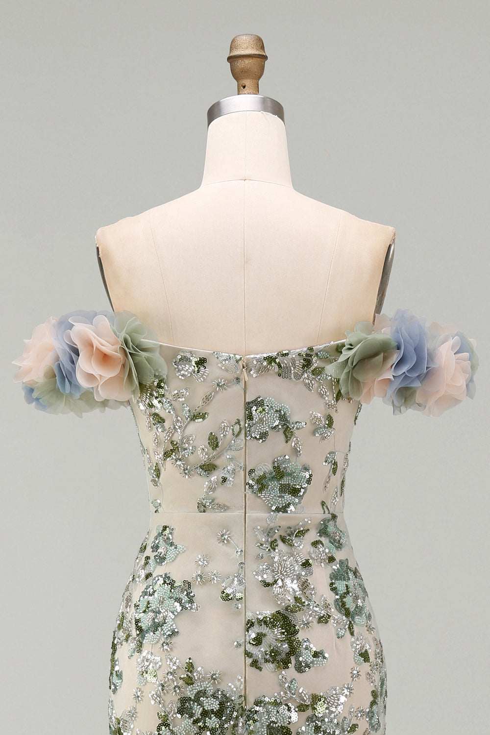 Robe de sirène à sequins et fleurs 3D épaules dénudées couleur sauge poussiéreuse pour mère de la mariée